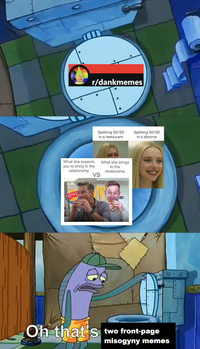 r/dankmemes Splitting 50/50 in a restaurant Splitting 50/50 in a divorce What she expects you to bring to the relationship What she brings to the relationship EOIG BURGER KING VS Oh that's two front-page misogyny memes