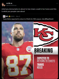 ☆ CEL☆ @moonlithoax mind you donna kelce is about to tear down a wall in her home and this is what you people care about NFL @NFL - Mar 9 Travis Kelce expected to return to Chiefs for 14th season. (via @RapSheet) NFL 87 K BREAKING EXPECTED TO RETURN TO CHIEFS TRAVIS KELCE