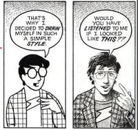 Two panels from Scott MccCloud's "Understanding Comics." They are part of an explanation on simple character design vs. realistic regarding comic books.