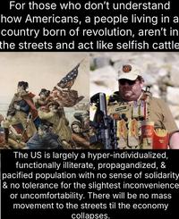 For those who don't understand how Americans, a people living in a country born of revolution, aren't in the streets and act like selfish cattle M GRAVY M BIG GULD FENC The US is largely a hyper-individualized, functionally illiterate, propagandized, & pacified population with no sense of solidarity & no tolerance for the slightest inconvenience or uncomfortability. There will be no mass movement to the streets til the economy collapses.