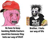 MAKE AMERICA GREAT AGAIN We have to keep bombing Middle Eastern countries because they hate our way of life!!! AMIJ TIXSIB Brother, I hate our way of life