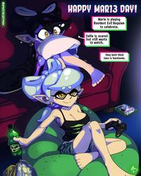 CAMOSTHEARTMAN HAPPY MAR13 DAY! Marie is playing Resident Evil Requiem to celebrate. Callie is scared but still wants to watch. they both think Leon is handsome.