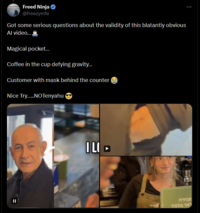 Freed Ninja @freezymfe Got some serious questions about the validity of this blatantly obvious Al video....❤ Magical pocket... Coffee in the cup defying gravity... Customer with mask behind the counter Nice Try.....NOTenyahu II ILI מכירה ראי בלבד
