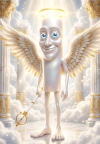 A depiction of Tung Tung Tung Sahur as an angel or god. He is depicted in heaven.