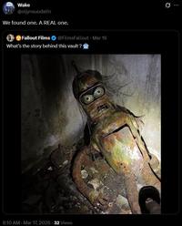 Wake @oljynsuodatin We found one. A REAL one. Fallout Films @FilmsFallout - Mar 16 What's the story behind this vault? 8:10 AM - Mar 17, 2026 - 32 Views