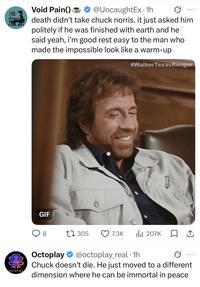 OCTOPLAY Void Pain() @UncaughtEx. 1h death didn't take chuck norris. it just asked him politely if he was finished with earth and he said yeah, i'm good rest easy to the man who made the impossible look like a warm-up #Walker Texas Ranger GIF 8 1305 7.3K Ilil 207K □ ↑ Octoplay @octoplay_real 1h Chuck doesn't die. He just moved to a different dimension where he can be immortal in peace • 0