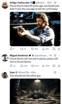 Ichigo | helius.dev @0xIch... 46m Chuck Norris died 20 years ago, but Death just didn't have the courage to tell him until today 3 1751 Miguel Avoleván ✔ 696 ılı 52K ☐ ↑ @avolevan... 1h . Chuck Norris will not rest in peace, peace will rest in Chuck Norris. 12 Sam 349 6.3K ılı 187K ☐ ↑ @SamCKx.46m ... You should see the other guy.