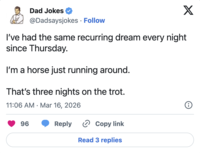 X Dad Jokes @Dadsaysjokes • Follow I've had the same recurring dream every night since Thursday. I'm a horse just running around. That's three nights on the trot. 11:06 AM Mar 16, 2026 • 96 Reply > Copy link Read 3 replies i