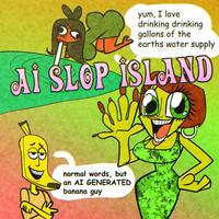 yum, I love drinking drinking gallons of the earths water supply AI SLOP ISLAND normal words, but an AI GENERATED banana guy