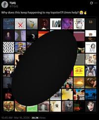 Tijdij @Tiijdij Why does this keep happening to my topster!?! Umm help? STIFT X DJ SCREW GARY WILSON 10:45 AM - Mar 16, 2026 30.2K Views Voodoo kd ORCHID NC MAU RONERY MHLEY