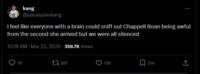 kang @jaycaspiankang I feel like everyone with a brain could sniff out Chappell Roan being awful from the second she arrived but we were all silenced 10:18 AM - Mar 22, 2026 - 359.7K Views 79 7587 12K 314 ↑