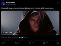 Mark Gillies @5goalthriller Chappell Roan's security guard being sent to deal with some fans. II GIF ALT 11:01 AM - Mar 22, 2026-157.7K Views 14 754 7.6K ☐ 252 ↑