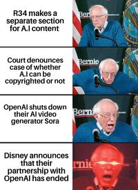 R34 makes a separate section for A.l content Ber Sanders.com Court denounces case of whether A.I can be copyrighted or not Bernie OpenAl shuts down their Al video generator Sora Disney announces that their partnership with OpenAl has ended Berni rnie OF 776