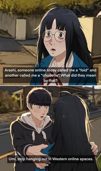 Arashi, someone online today called me a "foid" and another called me a "chudette". What did they mean by that? Umi, stop hanging out in Western online spaces.