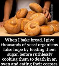 When I bake bread, I give thousands of yeast organisms false hope by feeding them sugar, before ruthlessly cooking them to death in an oven and eating their corpses. Farmers Against Misinformation