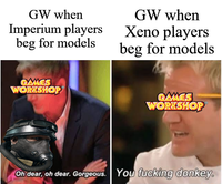 GW when Imperium players beg for models GW when Xeno players beg for models GAMES WORKSHOP GAMES WORKSHOP Oh dear, oh dear. Gorgeous. You f------ donkey.