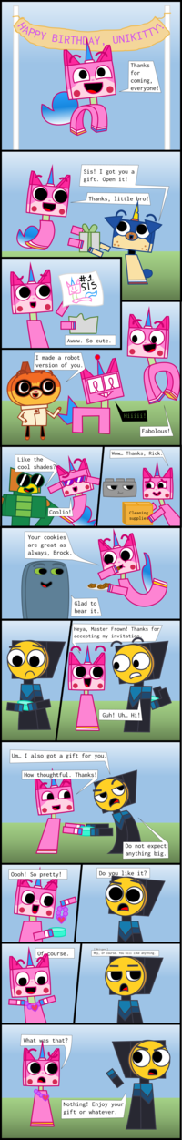 Part 1 (YOU ARE HERE)
"Part 2":https://knowyourmeme.com/photos/3239244
"Part 3":https://knowyourmeme.com/photos/3239245

Unikitty: Thanks for coming, everyone!
Puppycorn: Sis! I got you a gift. Open it!
Unikitty: Thanks, little bro! Awww. So cute.
Doctor Fox: I made a robot version of you.
Robot: Hiiiii!
Unikitty: Fabolous!
Hawkodile: Like the cool shades?
Unikitty: Coolio! Wow… Thanks, Rick. Your cookies are great as always, Brock.
Brock: Glad to hear it.
Unikitty: Heya, Master Frown! Thanks for accepting my invitation.
Master Frown: Guh! Uh… Hi! Um… I also got a gift for you.
Unikitty: How thoughtful. Thanks!
Master Frown: Do not expect anything big.
Unikitty: Oooh! So pretty!
Master Frown: Do you like it?
Unikitty: Of course.
Master Frown: (whisper) Why, of course. You will like anything.
Unikitty: What was that?
Master Frown: Nothing! Enjoy your gift or whatever.