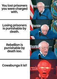 You lost prisoners you were charged with. Ber Sanders.com Losing prisoners is punishable by death. Bernie Rebellion is punishable by death too. Berni Cowabunga it is!! rnie OF 776