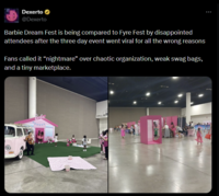 Dexerto @Dexerto Barbie Dream Fest is being compared to Fyre Fest by disappointed attendees after the three day event went viral for all the wrong reasons Fans called it “nightmare" over chaotic organization, weak swag bags, and a tiny marketplace. Barbie HALL B