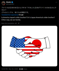 Dimitri ❤ @thedimitri アメリカは日本のお兄さんですか? それとも日本がアメリカのお兄さんで すか? どちらにしても、 私たちは家族です。 Translated from Japanese by Google Is America Japan's older brother? Or is Japan America's older brother? Either way, we are family. Rate this translation: 凸 12:59 PM · Mar 28, 202642.8K Views