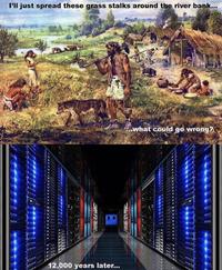 I'll just spread these grass stalks around the river bank... 12,000 years later... what could go wrong?