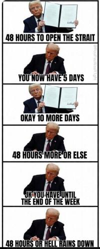 48 HOURS TO OPEN THE STRAIT YOU NOW HAVE 5 DAYS OKAY 10 MORE DAYS 48 HOURS MORE OR ELSE JK YOU HAVE UNTIL THE END OF THE WEEK 48 HOURS OR HELL RAINS DOWN