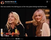Brandon Morse @TheBrandonMorse Her two weeks into dating you vs her two years being married to you 5:40 PM Apr 12, 2026 160.4K Views