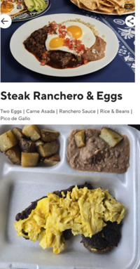 ↑ 100 8:38 Steak Ranchero & Eggs Two Eggs | Carne Asada | Ranchero Sauce | Rice & Beans | Pico de Gallo