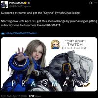 A tweet announcing Pragmata's Cryana Twitch chat badge.