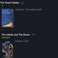The Great Gatsby 1925 ½ F. Scott Fitzgerald THE GREAT GATSBY whatever. Overrated as hell The Infinite and The Divine 2021 WARHAMMER THE INFINITE AND THE DIVINE ROBERT RATH HOOOLY S---