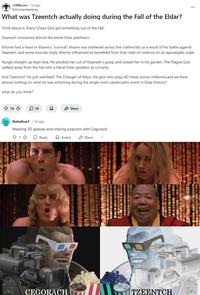 r/40klore. 1d ago Echochamberking What was Tzeentch actually doing during the Fall of the Eldar? Think about it. Every Chaos God got something out of the Fall: Slaanesh consumed almost the entire Eldar pantheon Khorne had a hand in Khaine's "survival" khaine was shattered across the craftworlds as a result of his battle against Slaanesh, and some sources imply Khorne influenced or benefited from that clash of violence on an apocalyptic scale. Nurgle straight-up kept Isha. He plucked her out of Slaanesh's grasp and locked her in his garden. The Plague God walked away from the Fall with a literal Eldar goddess as a trophy And Tzeentch? He just watched? The Changer of Ways, the god who plays 4D chess across millennia and we have almost nothing on what he was scheming during the single most catastrophic event in Eldar history? what do you think? ↑ 54 ⇓ 30 88 Share thehallow1 .1d ago Wearing 3D glasses and sharing popcorn with Cegorach. Reply Award Share CEGORACH TZEENTCH