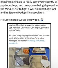 Imagine signing up to really serve your country or pay for college, and now you're being deployed in the Middle East to fight a war on behalf of Israel and its Epstein Pedophilic associates. Hell, my morale would be low too. Images of food being served to sailors on the USS Abraham Lincoln and USS Tripoli, published by USA Today. Supplies "are going to get really low" and "morale is going to be at an all-time low," one sailor messaged his mother: usatoday.com/story/ news/pol...