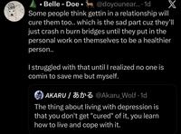 1 • Belle - Doe⚫@doyounear.... 1d X Some people think gettin in a relationship will cure them too.. which is the sad part cuz they'll just crash n burn bridges until they put in the personal work on themselves to be a healthier person.. I struggled with that until I realized no one is comin to save me but myself. AKARU/3 @Akaru Wolf . 1d The thing about living with depression is that you don't get "cured" of it, you learn how to live and cope with it.