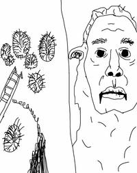 A drawing of a meme about a sheep who wants a diver to leave some of the urchins for the rest of them.