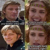 Sorry Ashara, At least the honorable Ned your brother Arthur died Stark brought back his sword Dawn imgflip.com You brought back the sword, right?