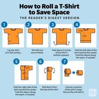 1 How to Roll a T-Shirt to Save Space Lay the shirt on a flat surface. 5 THE READER'S DIGEST VERSION 2 T Smooth out any wrinkles. 6 3 Fold about 2 inches of the shirt's bottom upward. 7 4 Fold the left side of the shirt toward the center. Fold the sleeve along the seam, if needed. Fold the right side of the shirt toward the center. Fold the sleeve along the seam, if needed. Roll down from the top of the shirt. Untuck a portion of the shirt's base. Secure the roll with it. RD