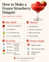 How to Make a Frozen Strawberry Daiquiri Quick guide for 2 drinks 1 Base Build 3 cups frozen strawberries 4 oz white rum 1½ oz fresh lime juice 1 to 1½ oz simple syrup 3 Fix It Fast Too thin → more frozen strawberries Too thick 1-2 tbsp cold water Too sweet more lime Too tart more simple syrup 2 Method 1. Add liquids first 2. Add frozen strawberries 3. Blend to thick slush 4. Taste and adjust 4 Texture Target Slightly mounded Thick, cold, and pourable Slowly relaxes in the glass Best served right after blending. MasalaMonk.com