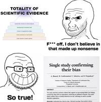 TOTALITY OF SCIENTIFIC EVIDENCE Systematic reviews & meta-analyses Randomised controlled trials Cohort & longitudinal studies Cross-sectional & mechanistic Case reports & expert opinion F*** off, I don't believe in that made up nonsense Single study confirming their bias A. Biased, B. Confirmation C. Selective, and D. Prejudiced* 'Institute of Subjective Studies, "Department of Confirmation Bias, Center for Selective Research, "Prejudiced University Correspondence: A. Biased, email: a.biased@example.com So true! ABSTRACT This study selectively examines evidence that supports our pre-existing beliefs. Our findings conclusively aling with our expectations, reinforcing our preferred viewpoint. The results clearly confirm what we already believed to be true, indicating no need to consider alternative explanations. Keywords: Confirmation bias, Selective data, Motivated reasoning, Cherry-picked evidence