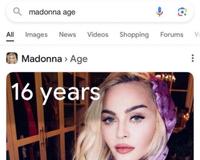A Google screenshot of a search for "Madonna age." Google falsely claims she is 16.