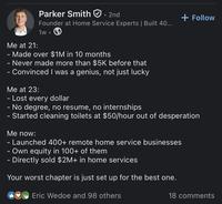 Me at 21: Parker Smith. 2nd Founder at Home Service Experts | Built 40... 1w. Made over $1M in 10 months - Never made more than $5K before that - Convinced I was a genius, not just lucky Me at 23: - Lost every dollar - No degree, no resume, no internships + Follow - Started cleaning toilets at $50/hour out of desperation Me now: - Launched 400+ remote home service businesses - Own equity in 100+ of them - Directly sold $2M+ in home services Your worst chapter is just set up for the best one. Eric Wedoe and 98 others 18 comments