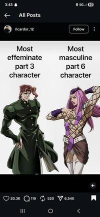 3:43 ← All Posts ricardor_12 5G. 7 Follow Most Most effeminate part 3 character masculine part 6 character 田 20.3K 119 520 6,540 ||| <