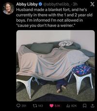 Abby Libby @abbythelibb_.3h X Husband made a blanket fort, and he's currently in there with the 1 and 2 year old boys. I'm informed I'm not allowed in "cause you don't have a weiner." Q351 143 5.1K ılıl 82K