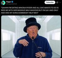 A Trump meme referencing a story about Jay Kay and Winona Ryder's breakup. He apparently broke up with her because she had too high a libido and too big of breasts.