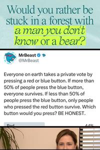 Would you rather be stuck in a forest with a man you don't know or a bear? MrBeast ✔ @MrBeast Everyone on earth takes a private vote by pressing a red or blue button. If more than 50% of people press the blue button, everyone survives. If less than 50% of people press the blue button, only people who pressed the red button survive. Which button would you press? BE HONEST. Red 11%