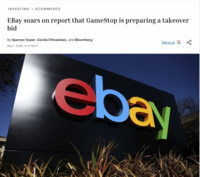 INVESTING ECOMMERCE EBay soars on report that GameStop is preparing a takeover bid By Spencer Soper, Cecilia D'Anastasio, and Bloomberg Add us on о May 1, 2026, 6:37 PM ET ebay