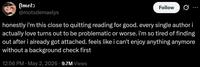 (Imelǝ @motsdemaelys Follow ... honestly i'm this close to quitting reading for good. every single author i actually love turns out to be problematic or worse. i'm so tired of finding out after i already got attached. feels like i can't enjoy anything anymore without a background check first 12:56 PM · May 2, 2026 9.7M Views