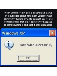When you discreetly post a generalized meme on a subreddit about how much you love your community (you're afraid to outright say it) and someone from that exact community happens to somehow find it and post it back on Discord Windows XP i Task failed successfully. OK