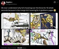 Bagele.s @bageledotess Ok now i understand why he's hovering over the fence for 10 whole seconds because in the manga he's hovering for 4 goddamn pages 7:01 PM - May 7, 2026 146.3K Views IT'S NOT THE JEEP HERMIT PURPLE!!!