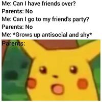 Me: Can I have friends over? Parents: No Me: Can I go to my friend's party? Parents: No Me: *Grows up antisocial and shy* Parents: