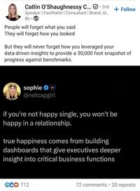 2nd + Follow Catlin O'Shaughnessy C... Speaker | Facilitator | Consultant | Brand, Id... 8h People will forget what you said They will forget how you looked But they will never forget how you leveraged your data-driven insights to provide a 30,000 foot snapshot of progress against benchmarks. sophie @netcapgirl if you're not happy single, you won't be happy in a relationship. true happiness comes from building dashboards that give executives deeper insight into critical business functions eco 712 72 comments • 20 reposts